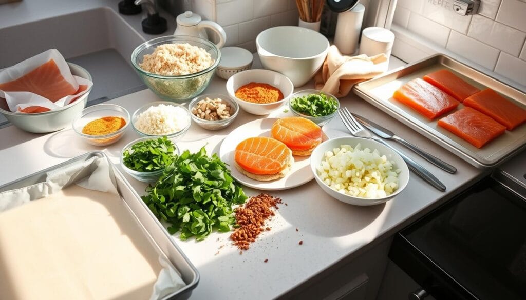 prepping salmon cakes