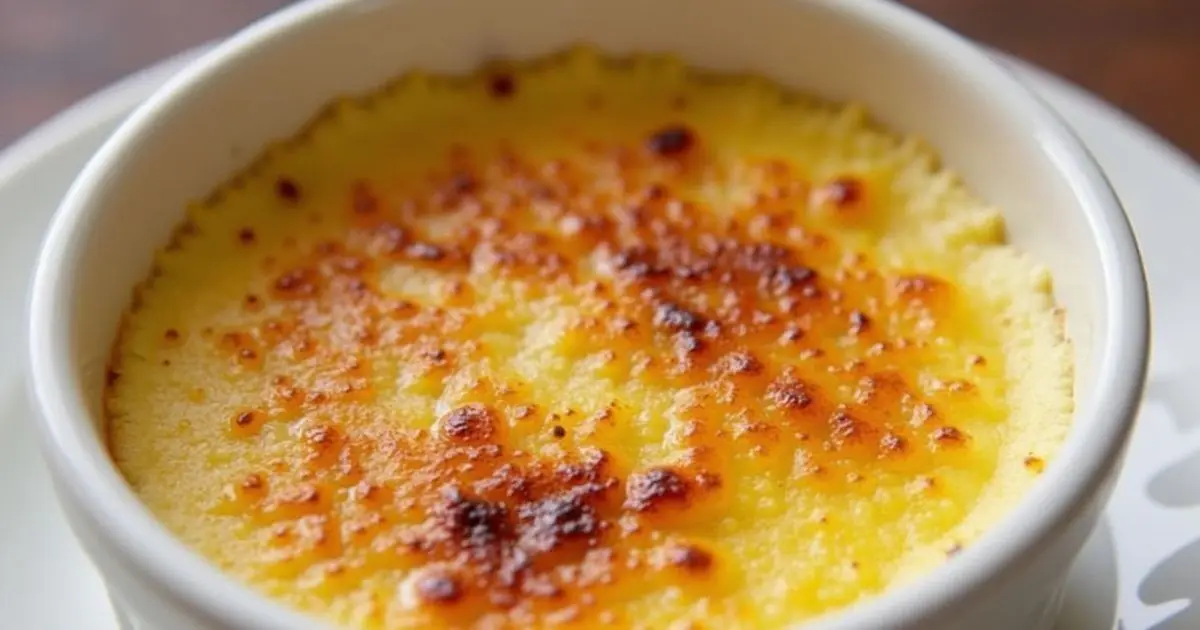 Close-up of a golden crab brulee with a caramelized topping served in a white ramekin