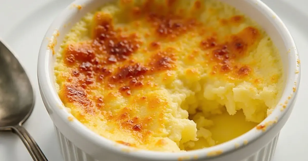 Close-up of a partially eaten crab brulee in a white ramekin with a caramelized topping