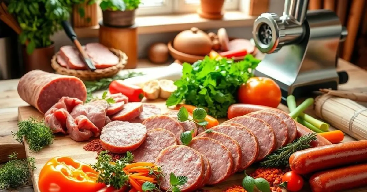 Summer sausage sliced on a wooden cutting board.