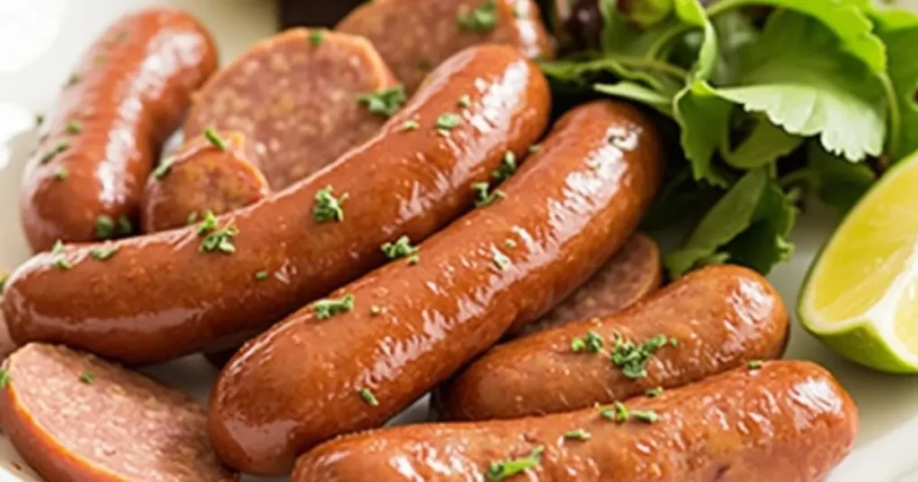 Smoked summer sausage on a platter.