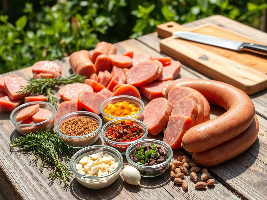 Fresh summer sausage slices with spices and herbs on a wooden table outdoors