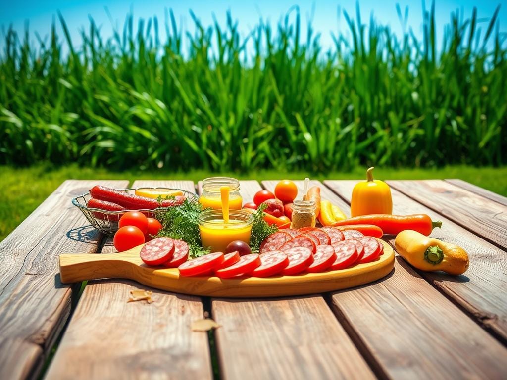 Summer sausage slices on a wooden board with fresh vegetables and juice, set outdoors near a cornfield.