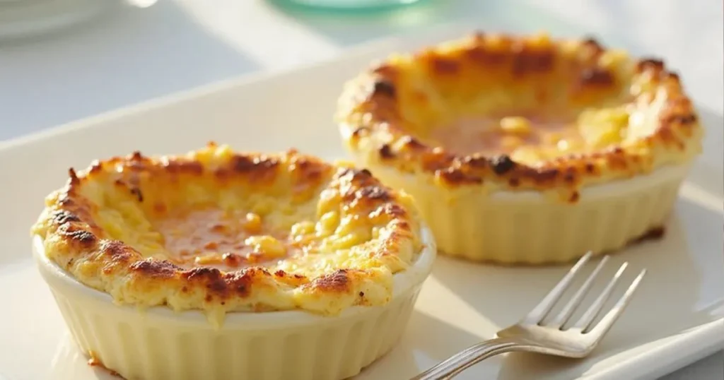 Close-up of a golden-brown crab brûlée topped with a caramelized crust, served in a decorative crab shell.