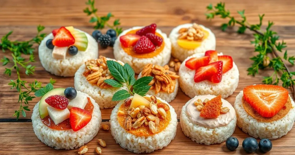 A variety of rice cakes topped with colorful, nutritious ingredients like avocado, fruits, and spreads, arranged on a wooden platter