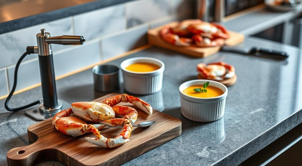 Crab brûlée preparation setup featuring ramekins of creamy custard, a whole crab on a cutting board, a culinary torch, and kitchen utensils on a modern countertop