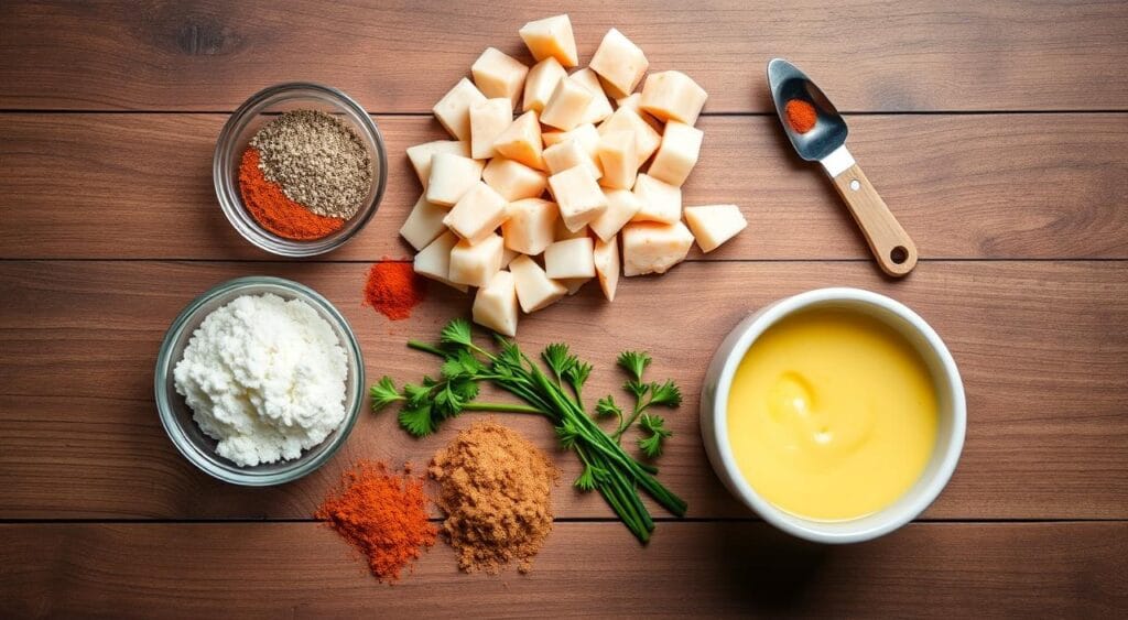 Ingredients for crab brûlée arranged on a wooden surface, including diced crab meat, a bowl of creamy sauce, whipped mixture, spices, fresh parsley, and a small scoop of paprika.