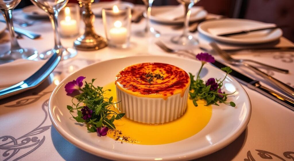 A gourmet crab brûlée served in a white ramekin with a caramelized crust, placed on a plate with a drizzle of yellow sauce and garnished with edible flowers and greens, on an elegant dining table setting