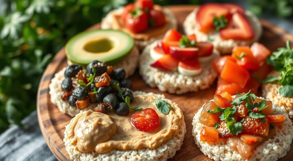 A wooden platter displaying an assortment of rice cakes with various colorful toppings, including avocado, peanut butter, fruits, and salsa.