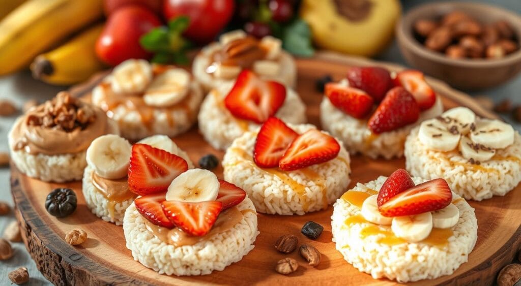 A wooden platter filled with rice cakes topped with sweet ingredients like peanut butter, sliced bananas, strawberries, honey, and granola.