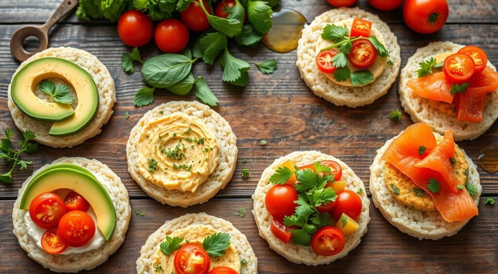 An arrangement of rice cakes topped with savory ingredients such as avocado, hummus, cherry tomatoes, smoked salmon, and fresh herbs on a wooden table